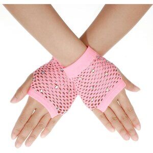 Women's Pink Rhinestone Fishnet Short Mesh Gloves Halloween Party Costumes